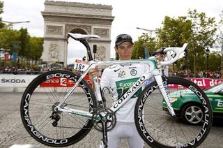 Pierre Rolland (Europcar) was one of the relevations of the 2011 Tour. He was happy with his steed at the Tour finish.