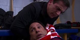 Michael Scarn attacking the speed skater in Threat Level Midnight