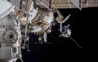 The ICARUS antenna is installed on the right side of this image of the International Space Station.
