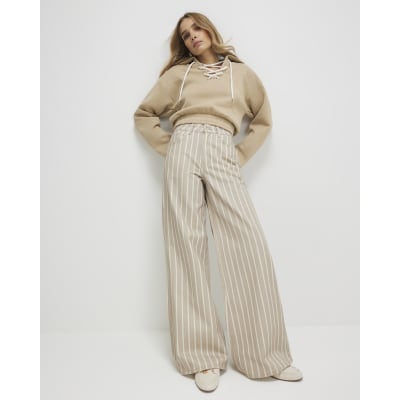 Beige Stripe Wide Leg Jeans