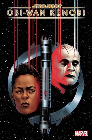 portraits of two angry people on each side of a lightsaber