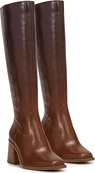 MUCCCUTE, Mucccute Brown Knee High Boots for Women - Square Toe Chunky Block Heel Boots With Side Zipper Pull on Pu Tall Boot Us Size 9