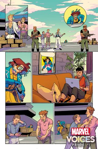 Marvel's Voices: Pride # 1 interior art by Ro Stein and Ted Brandt, with colors by Tamra Bonvillain