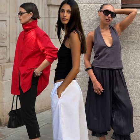 The best non-denim trends for summer are shown in a collage of women's outfits with different types of pants 