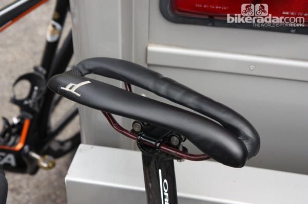 This saddle from Boulder-based Dash Cycles may look funny but it's freakishly light and apparently comfortable enough for Michael Creed (Optum Pro Cycling) to race on all day.