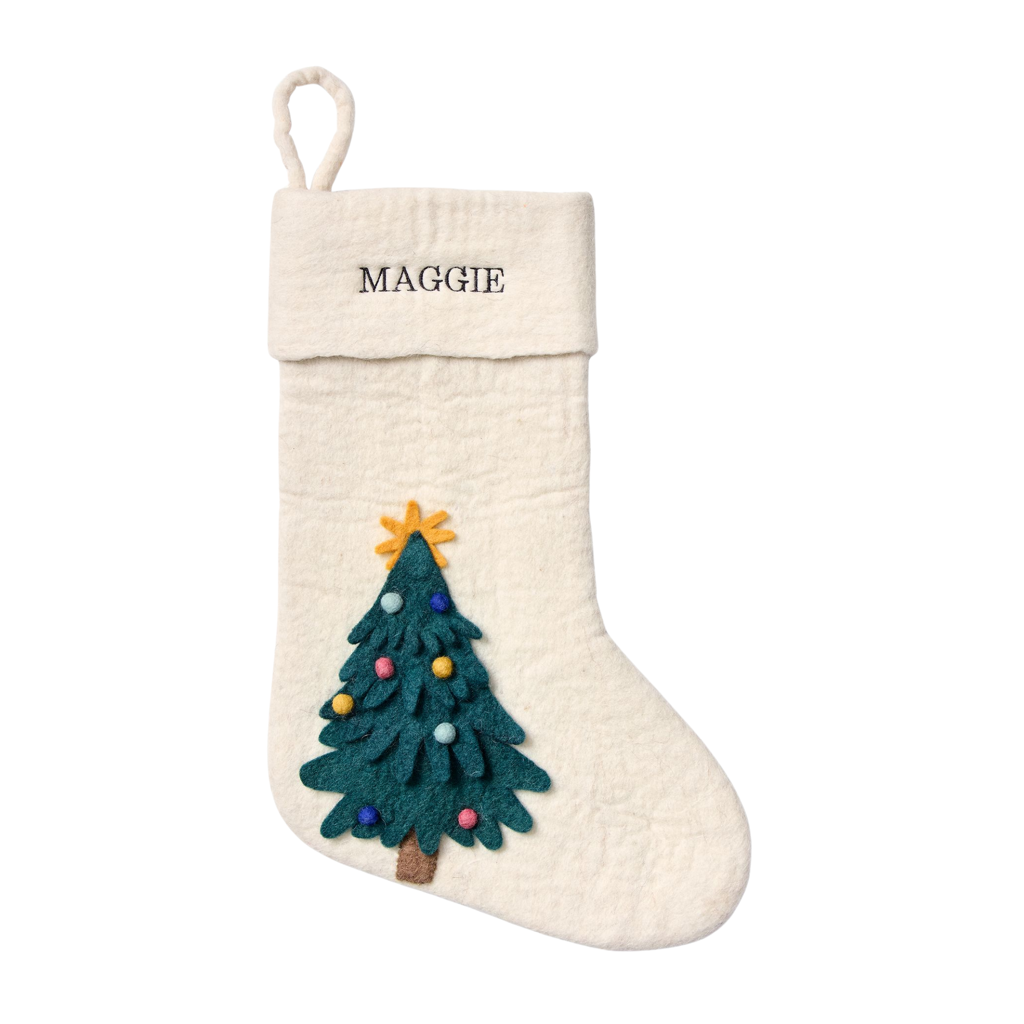 a white felt stocking with a green Christmas tree on it