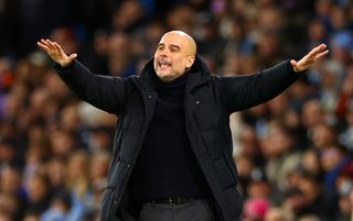 Pep Guardiola gesturing on the touchline against Brentford as Trent Alexander-Arnold Liverpool and Manchester City prepare to play