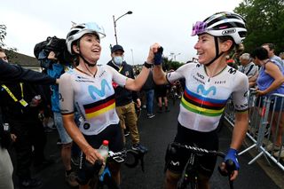 MAURIAC FRANCE JULY 24 LR Stage winner Liane Lippert of Germany and Annemiek Van Vleuten of The Netherlands and Movistar Team react after the 2nd Tour de France Femmes 2023 Stage 2 a 1517km stage from ClermontFerrand to Mauriac UCIWWT on July 24 2023 in Mauriac France Photo by Tim de WaeleGetty Images