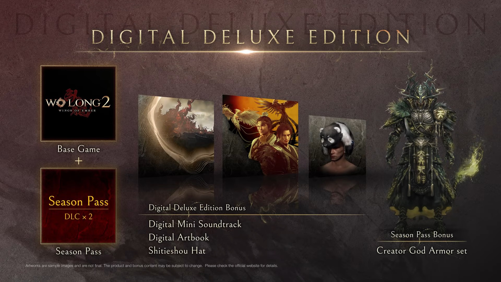 Digital Deluxe Edition promotional image for Wo Long 2, featuring game logo, artwork, and bonus items like a soundtrack and armor set.