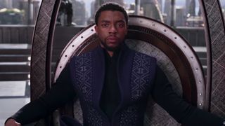 T'Challa sits on the Wakandan throne in Marvel Studios' Black Panther