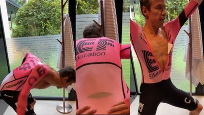 Rigoberto Uran putting on his skinsuit