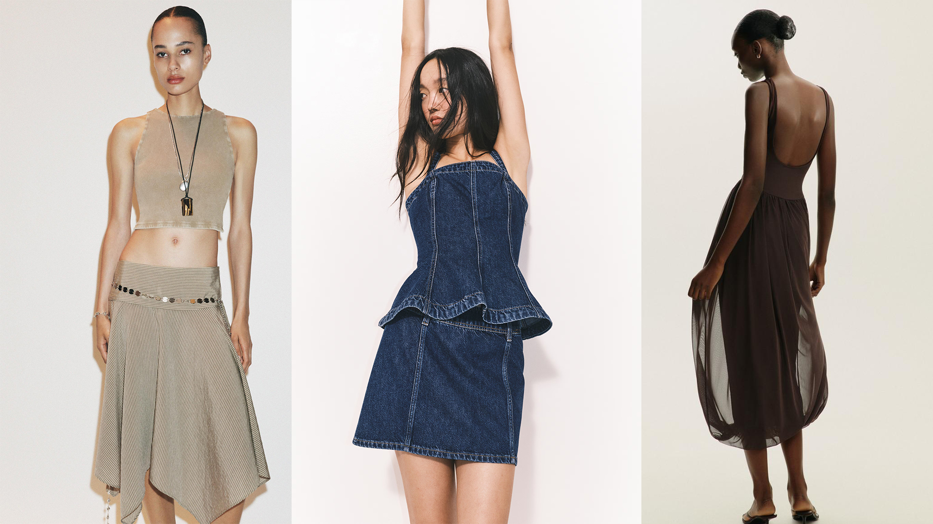 Models wear Zara and H&M clothing. First model wears asymmetrical matching skirt set. Second wears a denim mini skirt set. Lasts wears a brown bubble midi dress.
