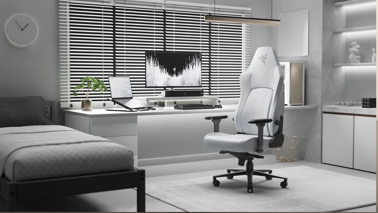 Razer Iskur V2 NewGen gaming chair (white) in a white gaming setup