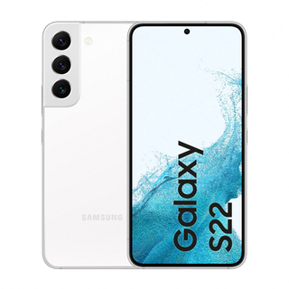A piece of leaked Galaxy S22 promotional material, showing the Galaxy S22 in white