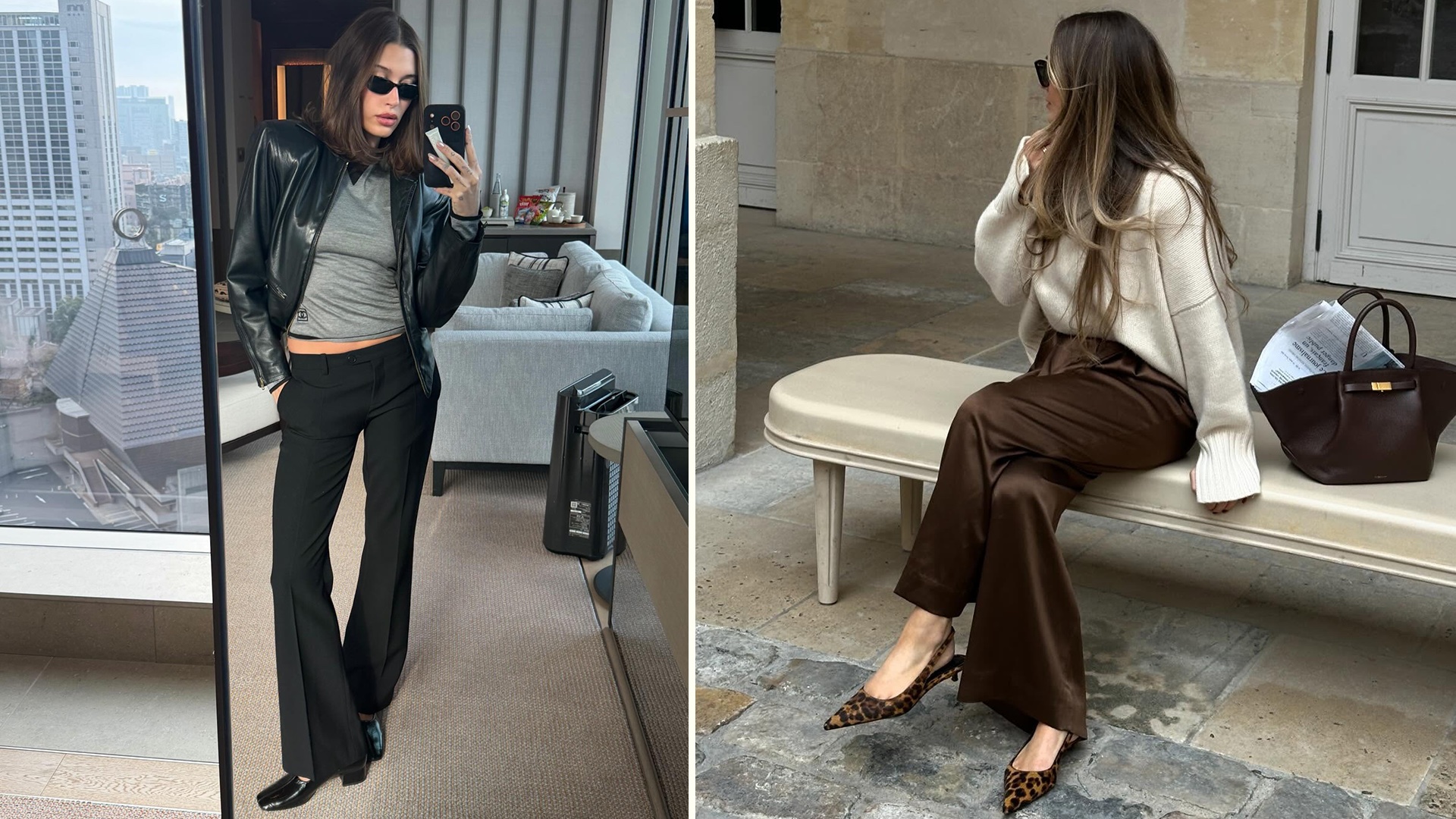 Fashion collage of Hailey Bieber posing for a mirror selfie in a black leather jacket, gray tee, black flared pants and Reformation Inez pumps and style influencer Olivia Faeh sitting on a bench in Z&uuml;rich, Switzerland wearing a cream sweater, brown satin pants, and a brown Demellier bag.