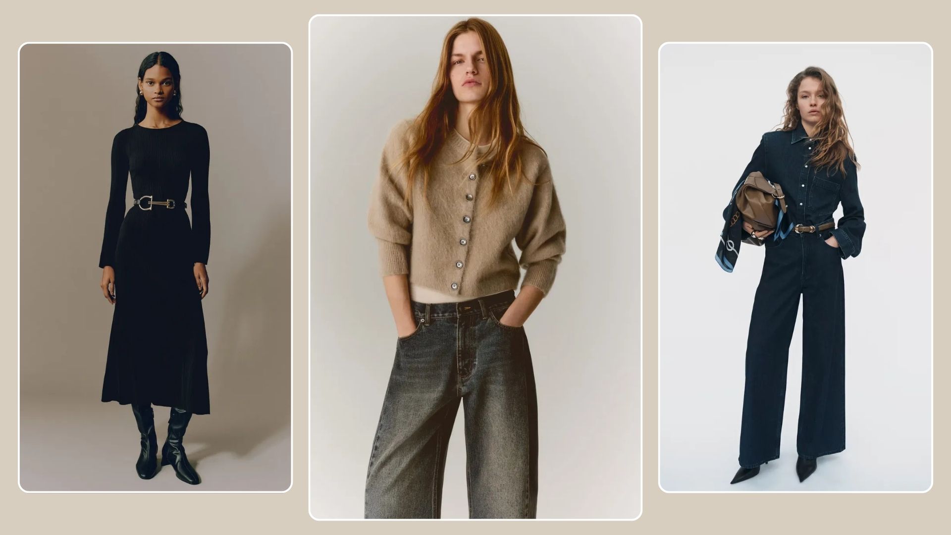 Woman wears black dress, belt, knee high boots; woman wears mohair cardigan, blue jeans; woman wears denim skirt and blue jeans