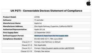 A PSTI compliance statement for the iPhone 15 Pro Max