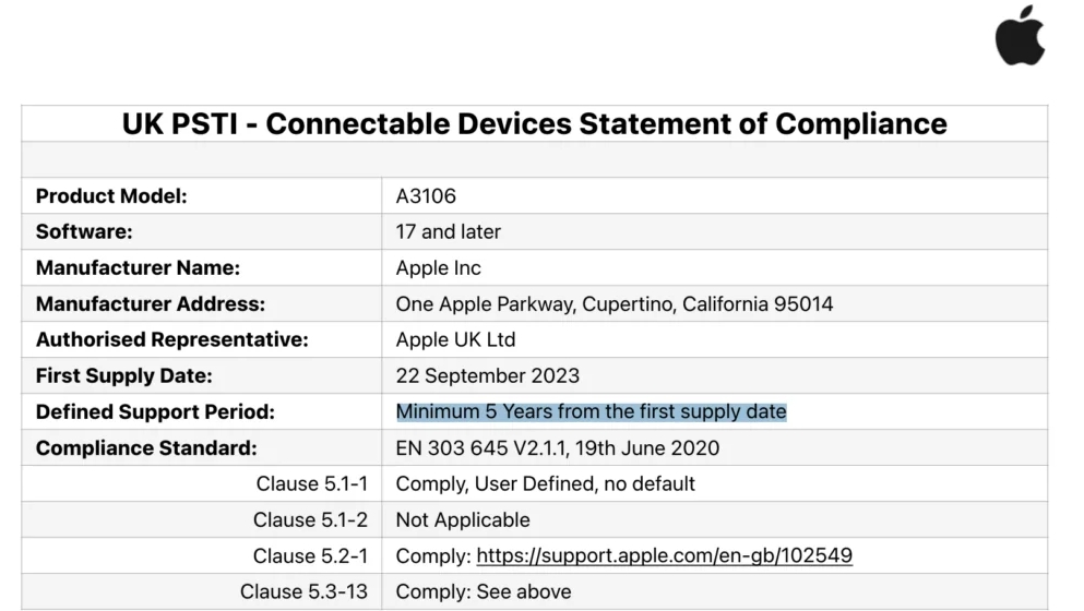 A PSTI compliance statement for the iPhone 15 Pro Max