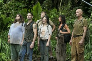 (L to R) Jorge Garcia as Hurley, Matthew Fox as Jack, Daniel Roebuck as Arzt, Evangeline Lilly as Kate, Mira Furlan as Rousseau, Terry O'Quinn as Locke in Lost