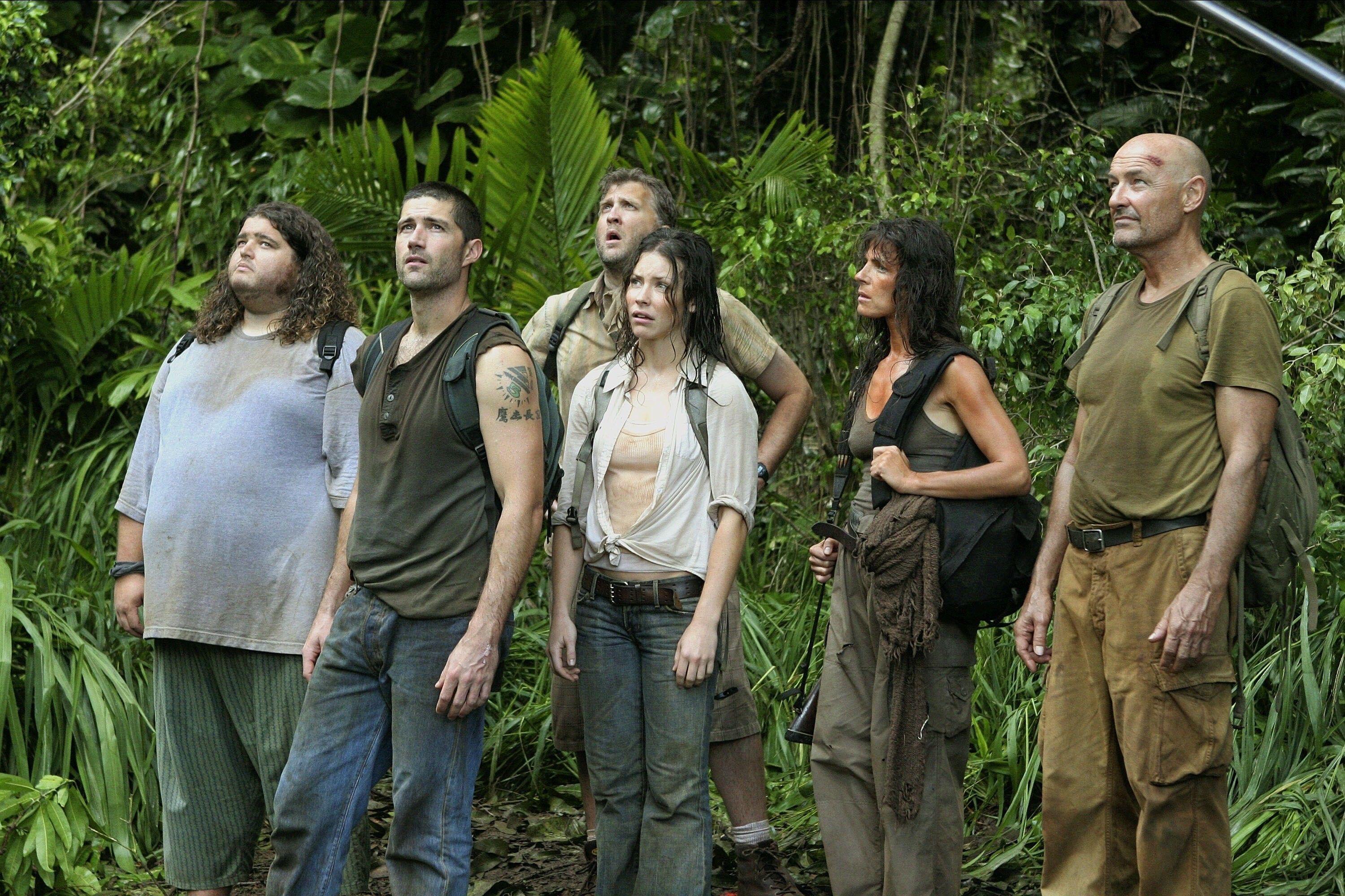 Jorge Garcia como Hurley, Matthew Fox como Jack, Daniel Roebuck como Arzt, Evangeline Lilly como Kate, Mira Furlan como Rousseau, Terry O'Quinn como Locke en Lost