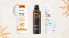 Lineup of three suncreams (L-R) from Garnier, Piz Buin and Garnier, on a beige background with white cream swatches and orange sun details