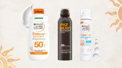 Lineup of three suncreams (L-R) from Garnier, Piz Buin and Garnier, on a beige background with white cream swatches and orange sun details
