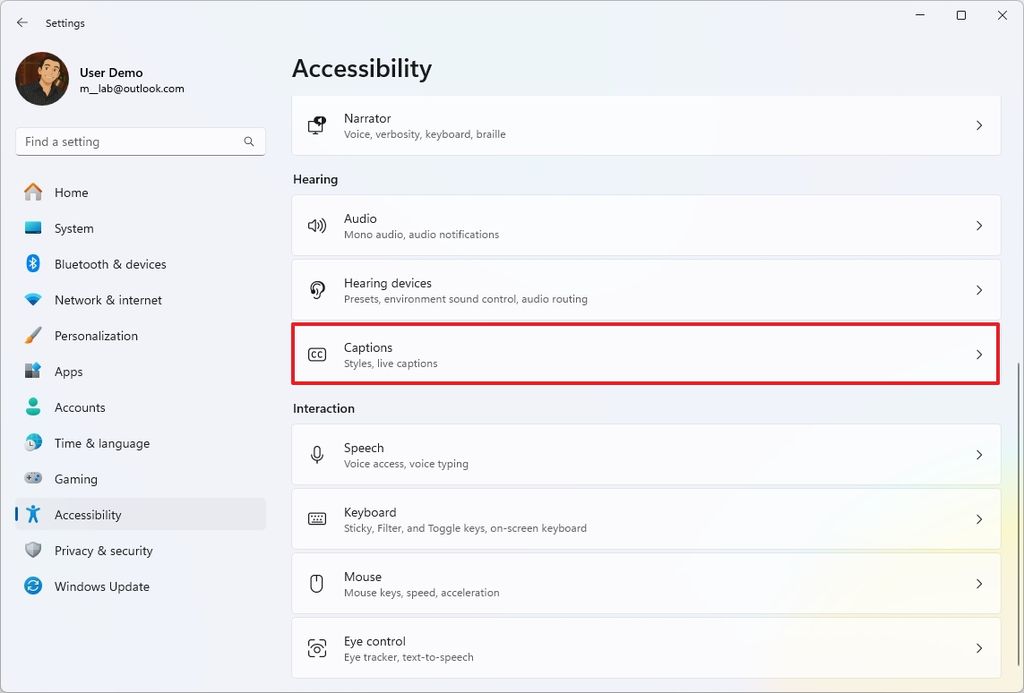 Windows 11 Captions settings