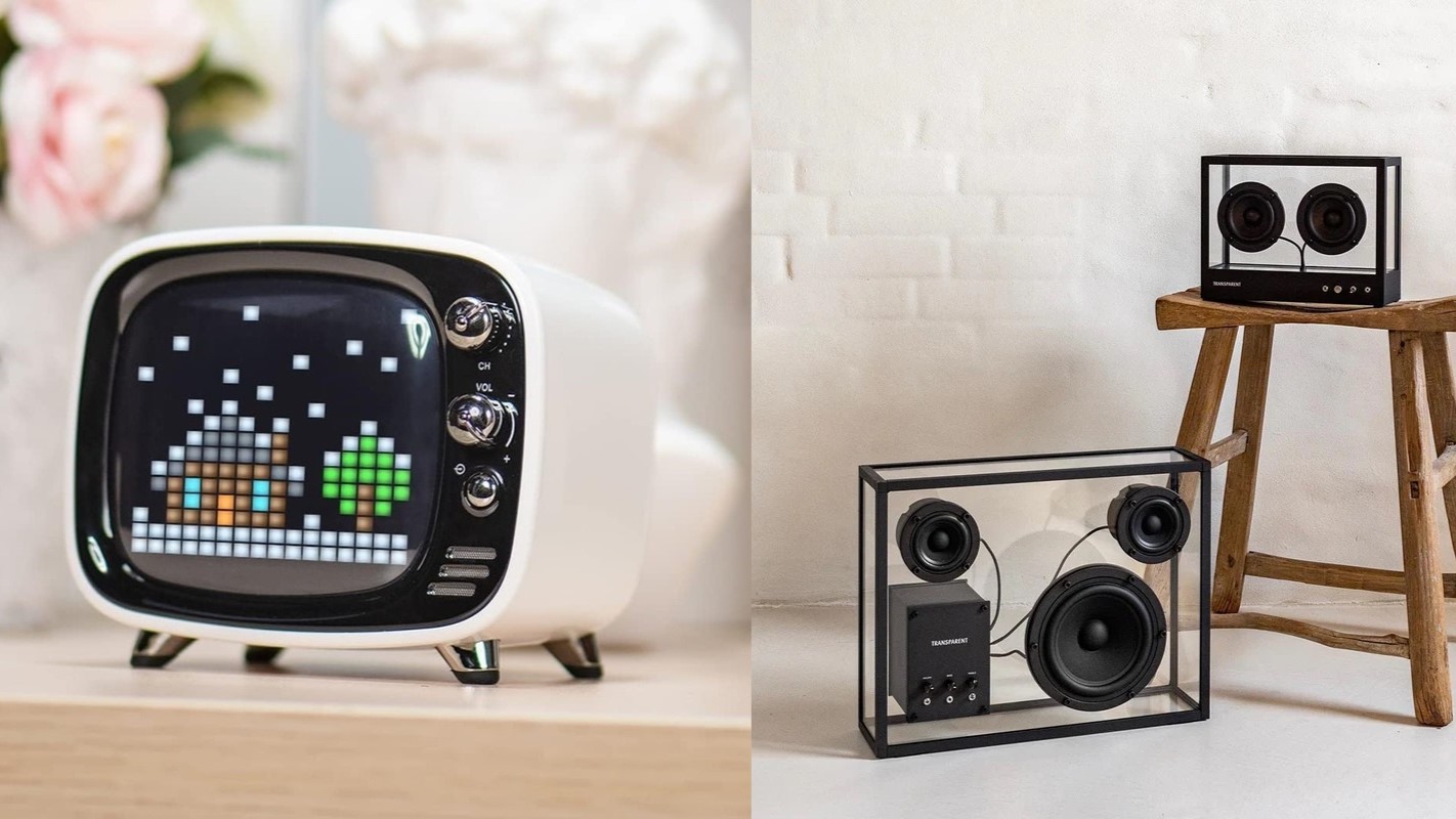 Divoom Tivoo pixel art speaker on the left and Transparent Bluetooth Speaker on the right.