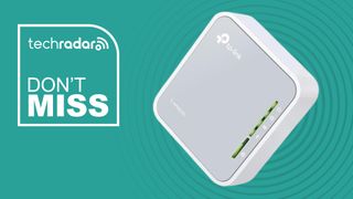 The TP-Link TL-WR902AC on a green background next to a white TechRadar badge that reads 'Don't Miss'