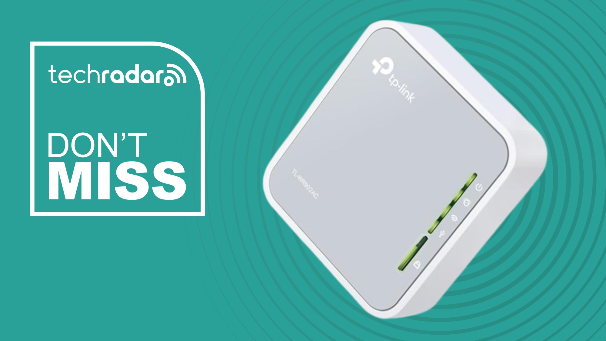The TP-Link TL-WR902AC on a green background next to a white TechRadar badge that reads 'Don't Miss'