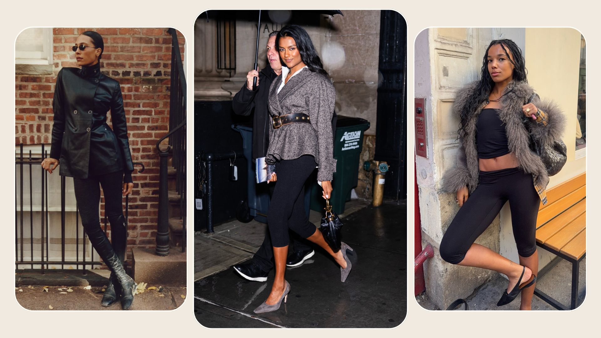 An image of the biggest trends to wear with leggings in 2026, including faux-fur jackets, waisted blazers and funnel neck jackets. 