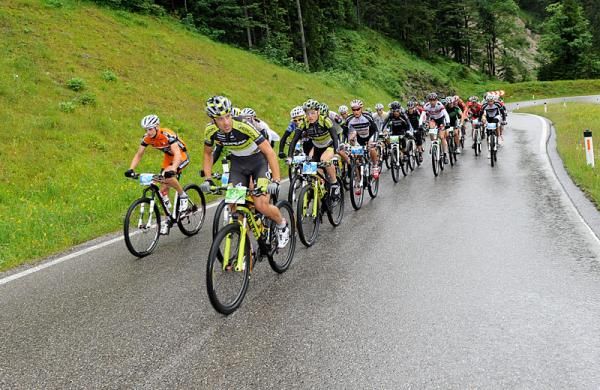 Leading group of pro teams led by Alban Lakata (AUT) of Topeak Ergon Racing on track of stage 1