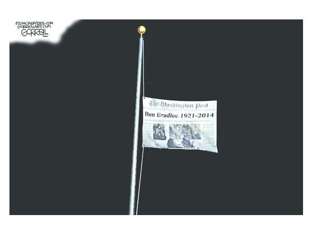 Editorial cartoon Ben Bradlee half-mast