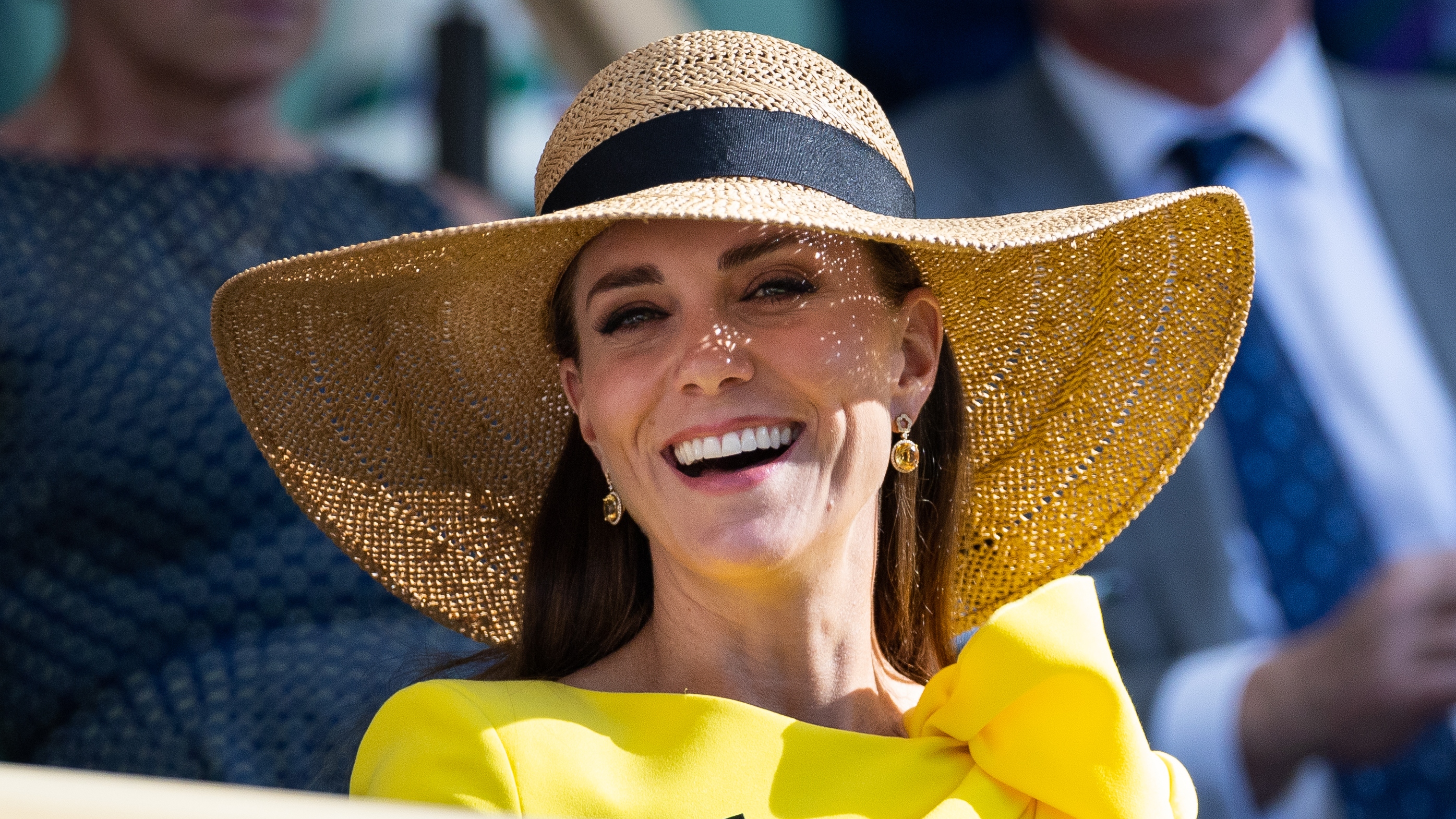 Catherine, Princess of Wales wears a hat in the royal box during the Men's Doubles Final at Wimbledon on July 9, 2022