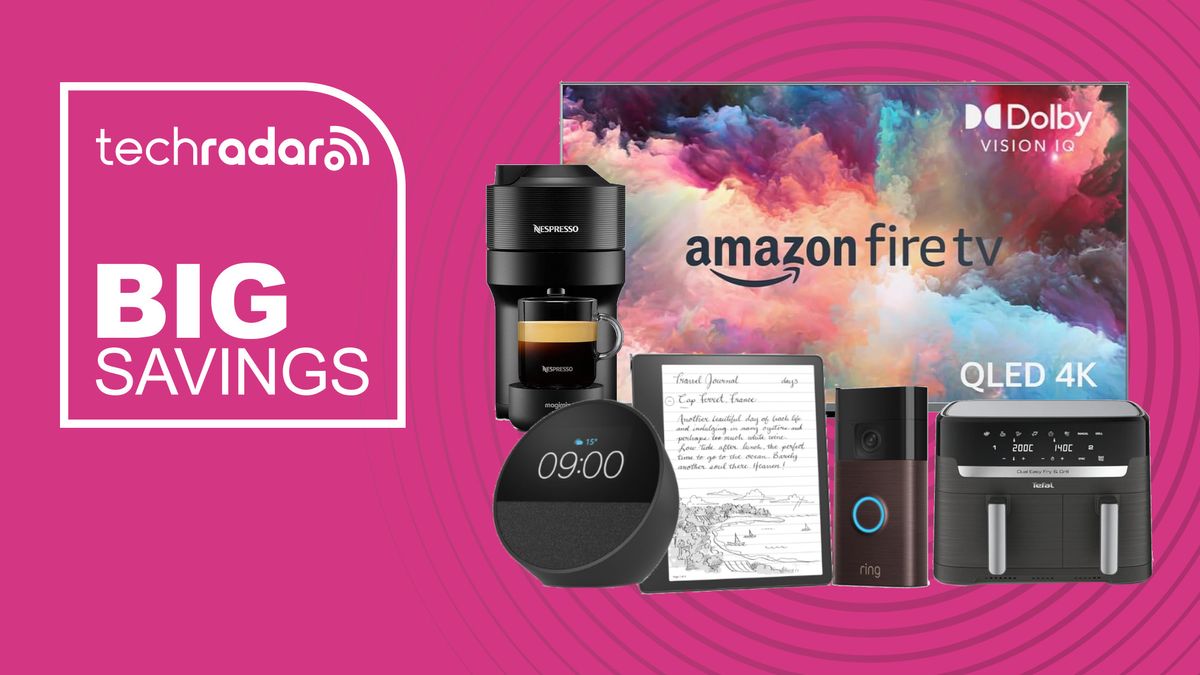 Collage of Amazon Fire TV, Nespresso coffee maker, kindle scribe, ring doorbell and echo spot on a pink background