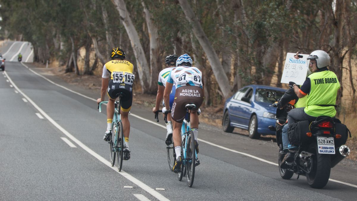 Our car was following the break of Sean Lake (UniSA-Australia), Alexis Gougeard (AG2R-La Mondiale) and Martijn Keizer (LottoNL-Jumbo) on Stage One. Here they are early on, receiving a time update