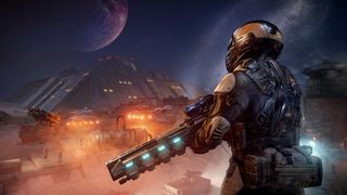 A spaceman with a rifle looks over an alien vista.