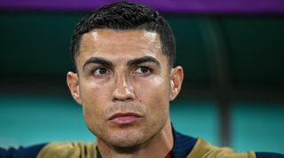 Cristiano Ronaldo of Portugal looks on during the FIFA World Cup 2022 quarter-final match between Morocco and Portugal on 10 December, 2022 at Al Thumama Stadium in Doha, Qatar.