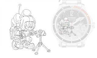 Sketch of Mickey Mouse in a spacesuit, next to the watch on which that drawing is featured.