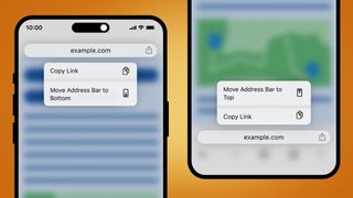 Two iPhones on an orange background showing the Google Chrome browser's address bar being moved