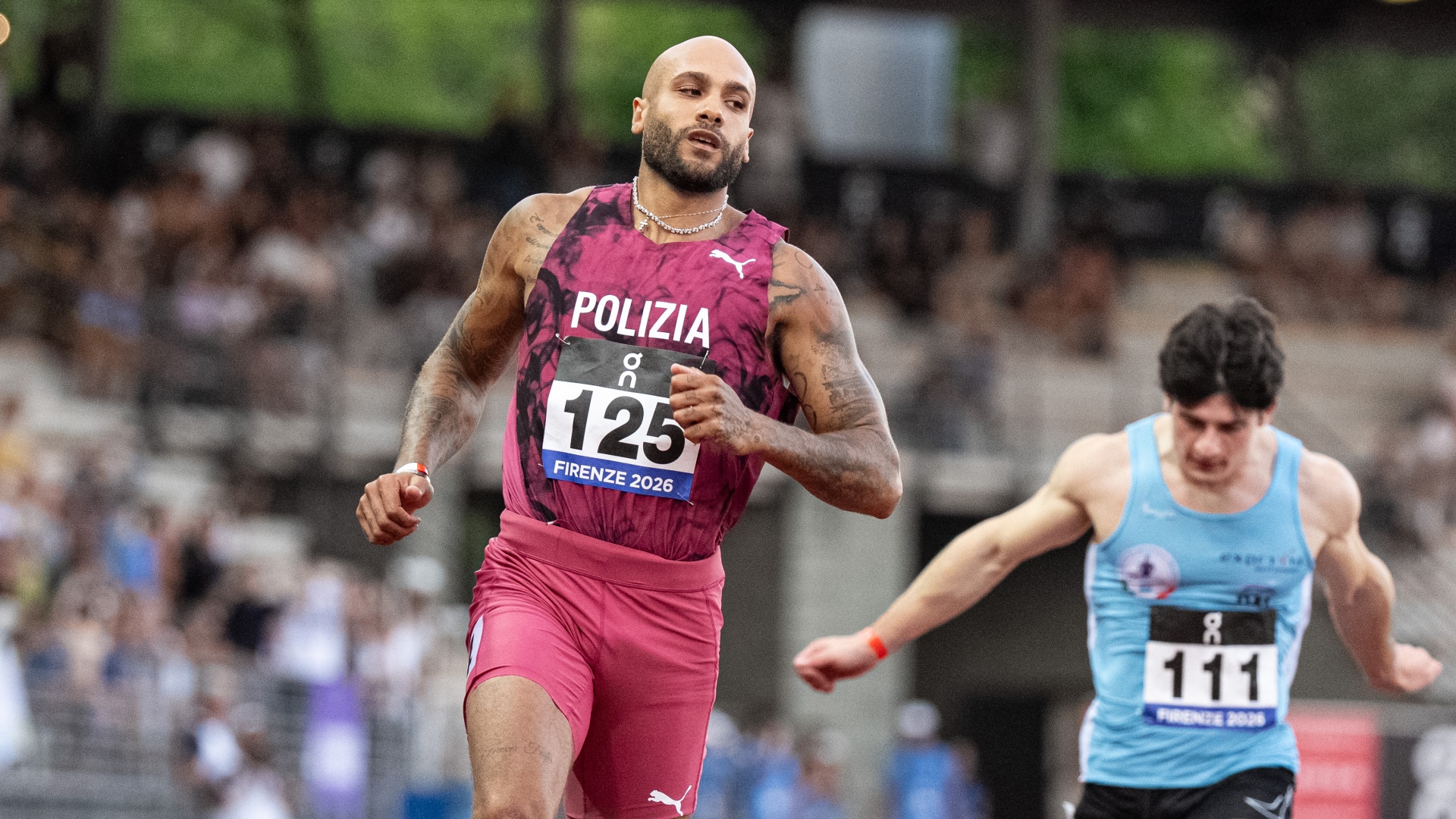 Marcell Jacobs competing in the 100m at the Italian National Championship in 2026
