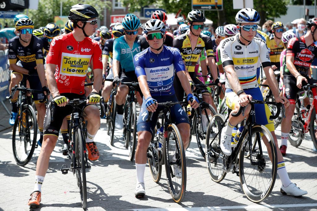 SCHERPENHEUVELZICHEM BELGIUM JUNE 11 Gianni Marchand of Belgium and Team Tarteletto Isorex Red Points Jersey Remco Evenepoel of Belgium and Team Deceuninck QuickStep Blue Leader Jersey Robbe Ghys of Belgium and Team Sport Vlaanderen Baloise White Best Young Jersey at start during the 90th Baloise Belgium Tour 2021 Stage 3 a 1744km stage from Gingelom to ScherpenheuvelZichem baloisebelgiumtour on June 11 2021 in ScherpenheuvelZichem Belgium Photo by Bas CzerwinskiGetty Images