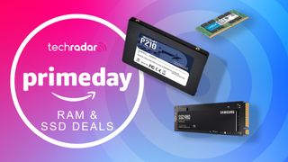 Laptop RAM and SSDs against a blue and pink Prime Day Deals background