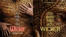 Posters of a film with a wicker-made man as its protagonist, captured up close in a two-part image depicting his chest and his eye, with overlaid text in white, pink, and yellow.
