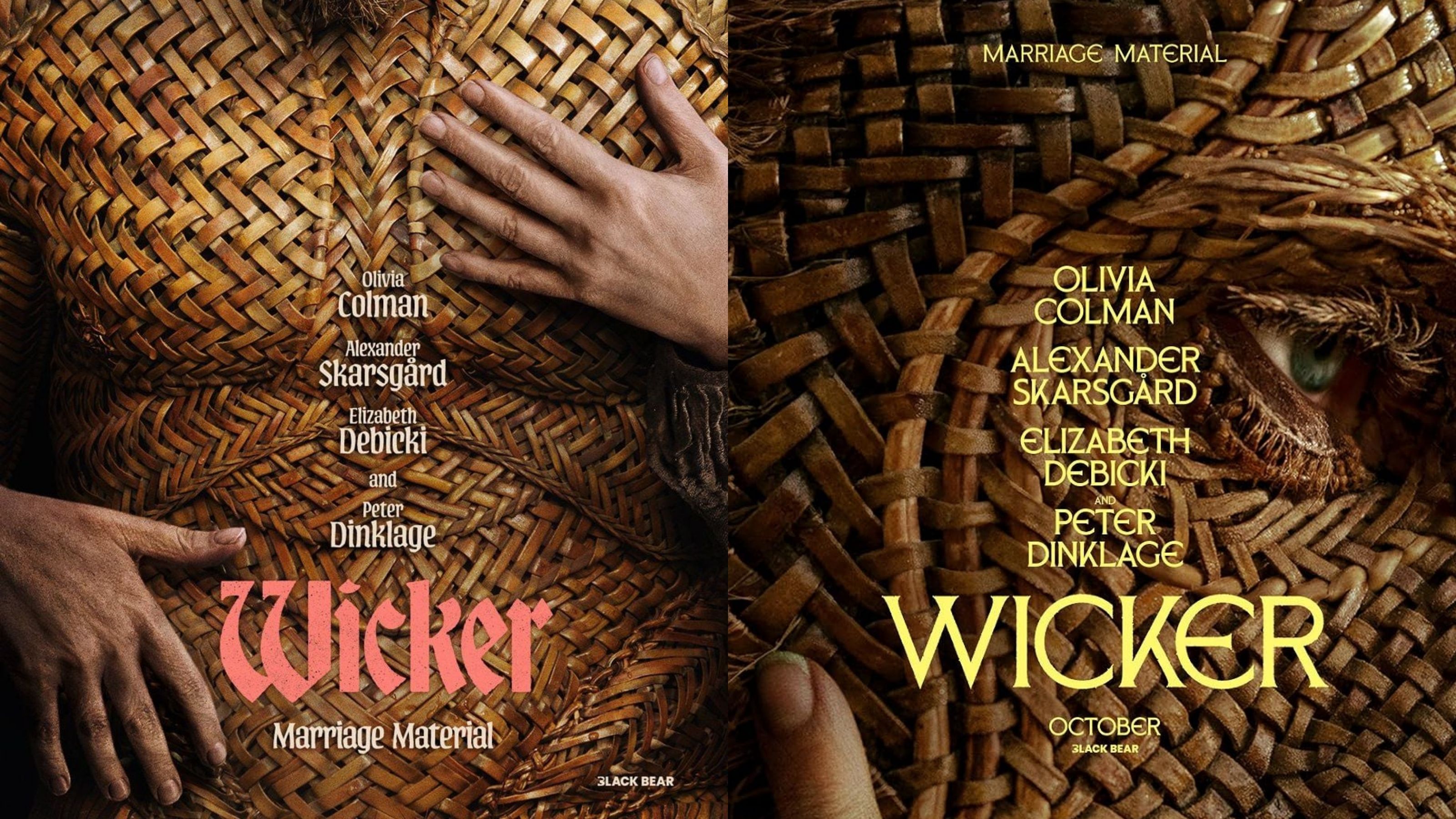 Posters of a film with a wicker-made man as its protagonist, captured up close in a two-part image depicting his chest and his eye, with overlaid text in white, pink, and yellow.