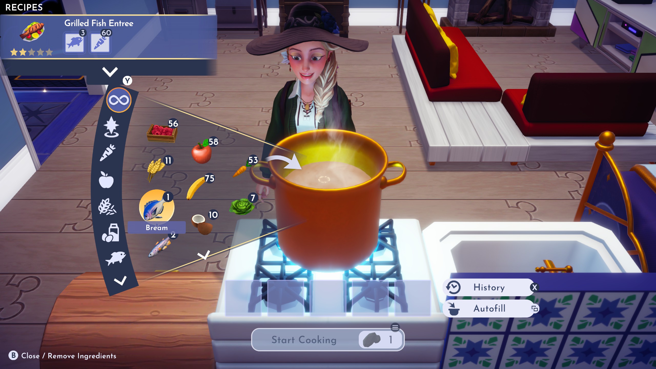 Disney Dreamlight Valley - A player stands over a boiling pot near a stove in their home and chooses ingredients for an appetizer of grilled fish.