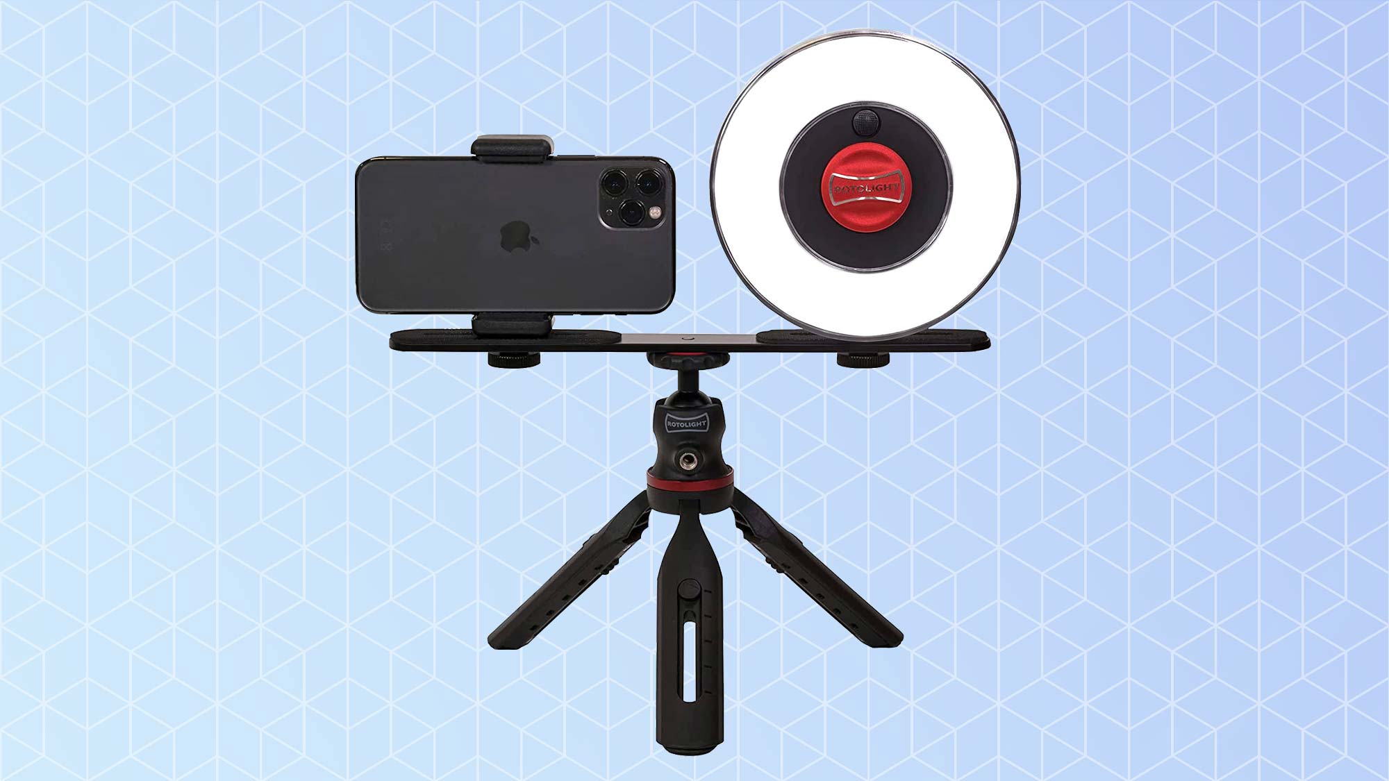 The Rotolight Ultimate Vlogging Kit, one of the best ringlights, on a blue background