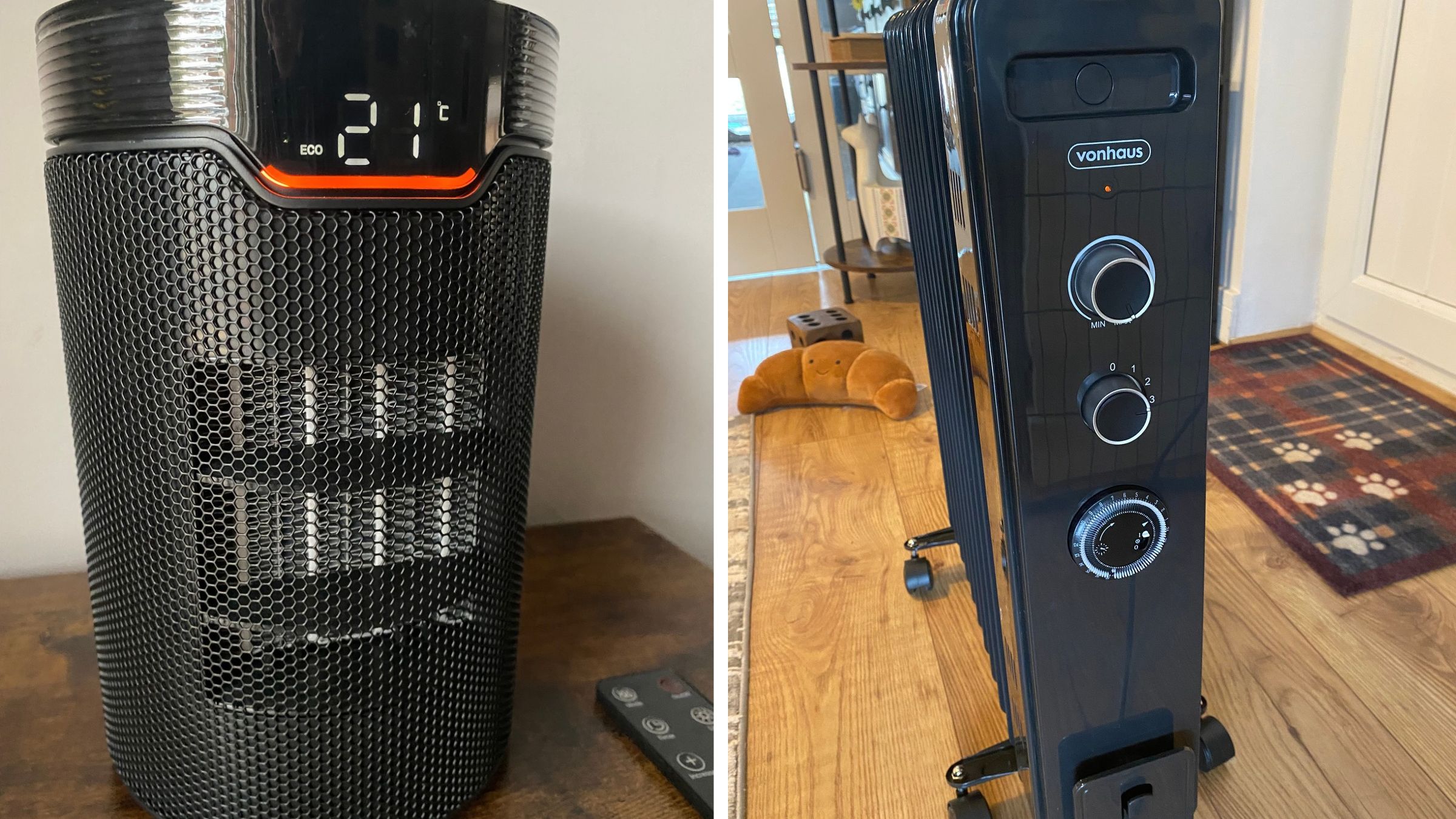 The Morphy Richards HeatFlux 1.5kW ceramic fan heater, next to the Vonhaus 11 fin 2.5kW oil-filled radiator in my home