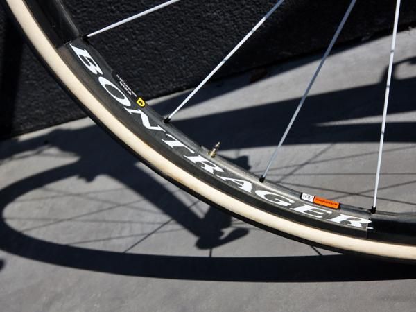 Fabian Cancellara's (Leopard Trek) Trek Madone 6-Series Paris-Roubaix was fitted with standard Bontrager Race XXX Lite carbon fiber tubular wheels when we visited the team hotel two days before the race. The shallow rim section and massive 27mm-wide FMB Paris-Roubaix tubulars glued on to them should provide a smooth ride.
