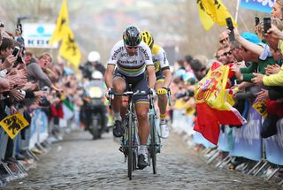 Peter Sagan of Tinkoff (L) and Belgian Sep Vanmarcke of Team LottoNL-Jumbo compete on the Paterberg during the 100th edition of the Tour of Flanders